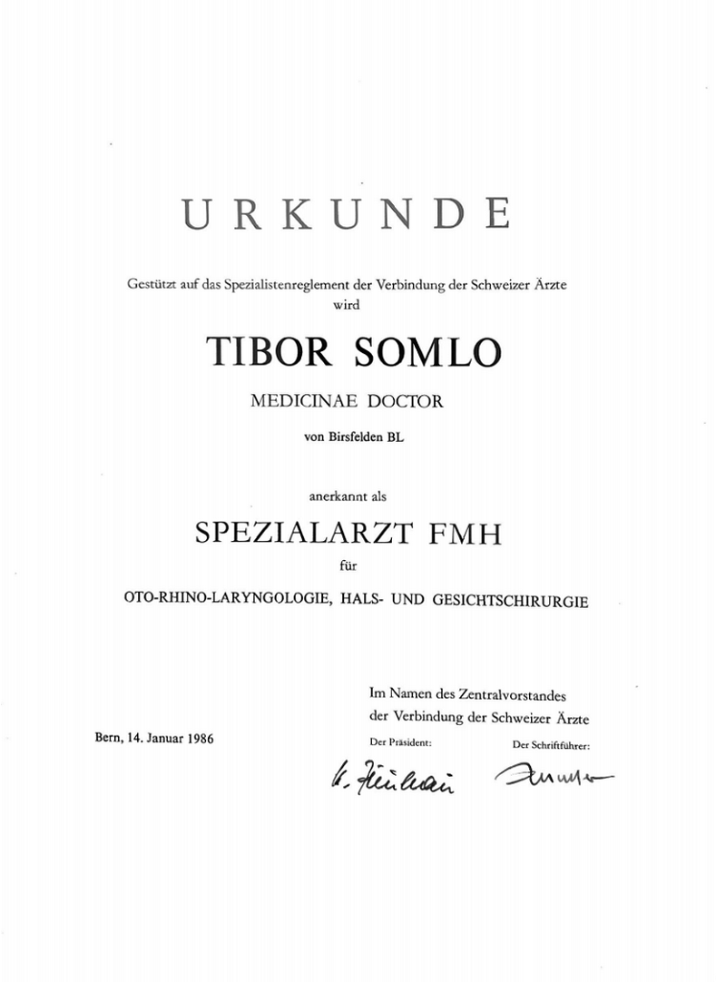 Arztdiplom Prof. Somlo. HNO Liestal